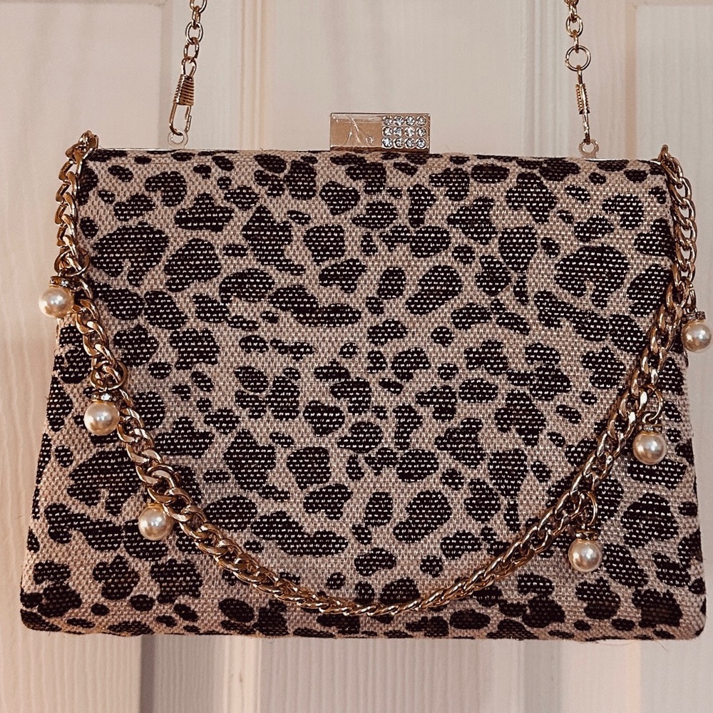 Leopard Print Evening Clutch with Pearl Chain - Neutral - Picture 2 of 2